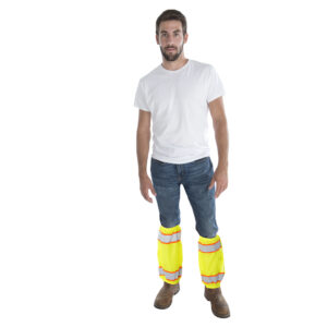 TYPE R, CLASS E, LIME MESH LEG GAITERS, TWO-TONE REFLECTIVE TAPE, THREE HOOK & LOOP STRAPS, ELASTIC ON BOTH ENDS, ONE SIZE FITS ALL