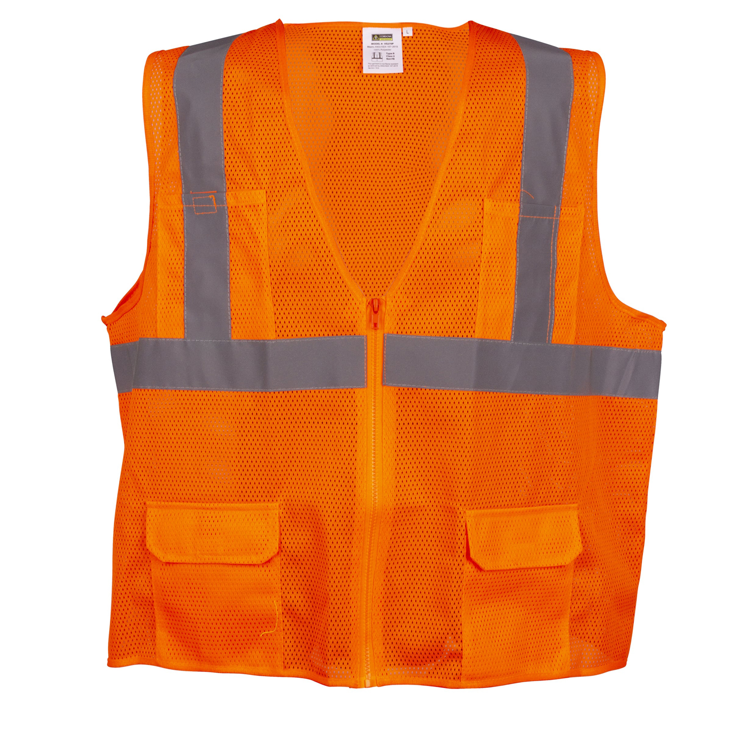 TYPE R, CLASS II, ORANGE MESH SURVEYORS VEST, ZIPPER CLOSURE, 2-INCH SILVER REFLECTIVE STRIPES, CHEST POCKET, TWO OUTSIDE LOWER AND TWO INSIDE LOWER POCKETS