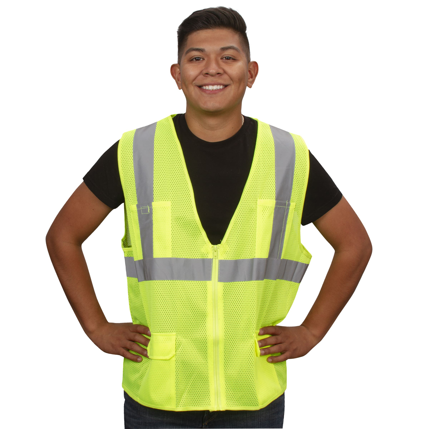 TYPE R, CLASS II, LIME MESH SURVEYORS VEST, ZIPPER CLOSURE, 2-INCH SILVER REFLECTIVE STRIPES, CHEST POCKET, TWO OUTSIDE LOWER AND TWO INSIDE LOWER POCKETS