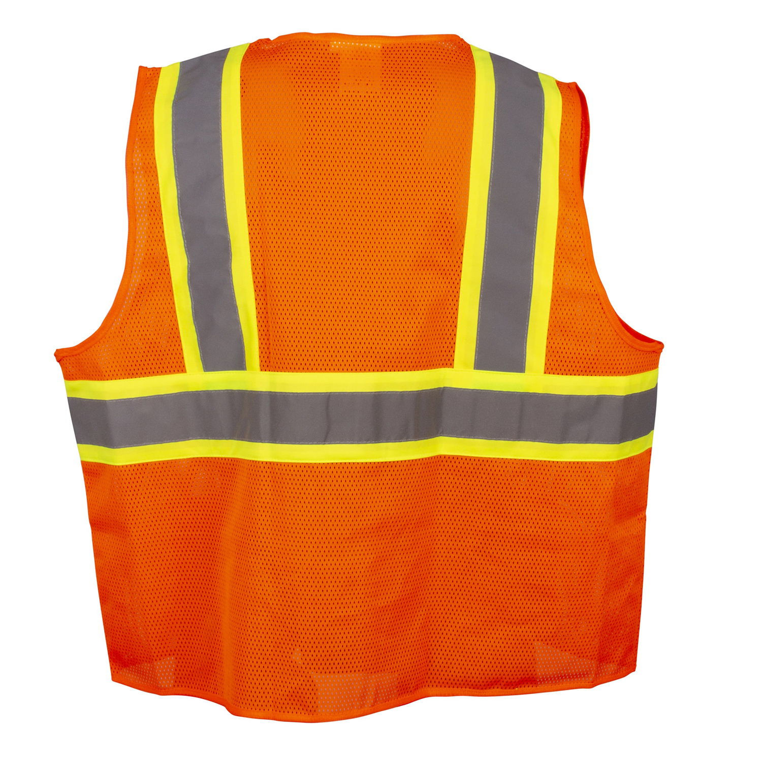 TYPE R, CLASS II, ORANGE MESH SURVEYORS VEST, ZIPPER CLOSURE, TWO-TONE CONTRASTING REFLECTIVE TAPE, POCKETS: TWO OUTSIDE CHEST, TWO OUTSIDE LOWER, TWO INSIDE LOWER, MIC TABS