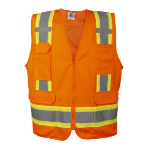 TYPE R, CLASS 2, ORANGE SURVEYORS VEST, SOLID FRONT AND MESH BACK, TWO-TONE CONTRASTING TRIM/REFLECTIVE STRIPES, ZIPPER CLOSURE, MULTIPLE POCKETS FOR PAD/PEN, RADIO/PHONE, FLASHLIGHT, DUAL MIC TABS