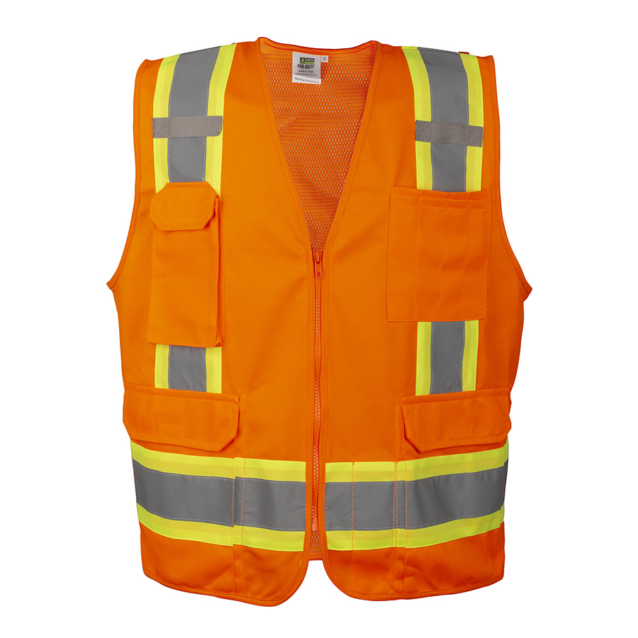 TYPE R, CLASS 2, ORANGE SURVEYORS VEST, SOLID FRONT AND MESH BACK, TWO-TONE CONTRASTING TRIM/REFLECTIVE STRIPES, ZIPPER CLOSURE, MULTIPLE POCKETS FOR PAD/PEN, RADIO/PHONE, FLASHLIGHT, DUAL MIC TABS