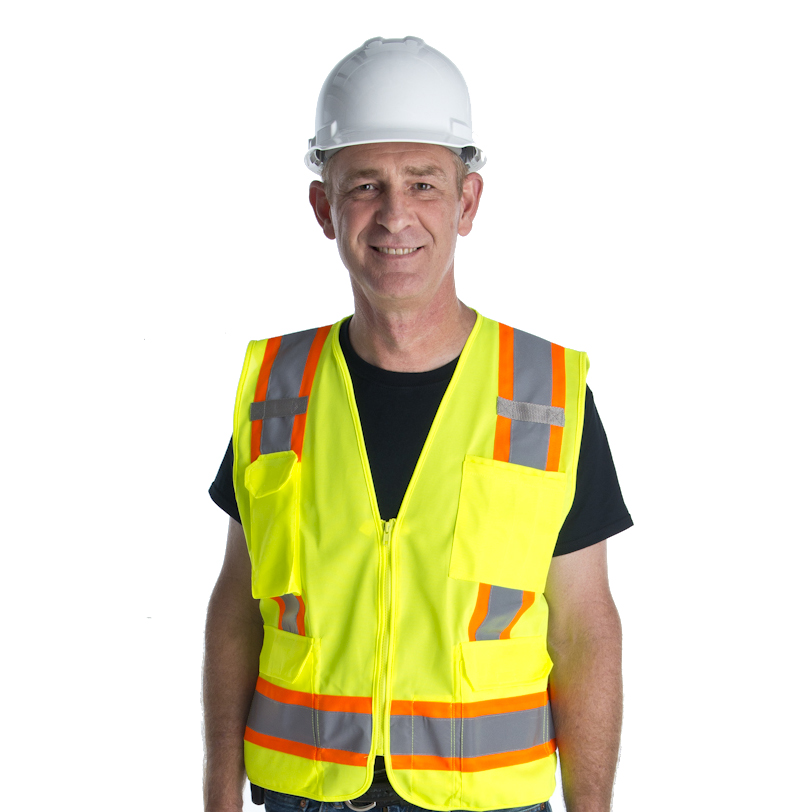 TYPE R, CLASS II, LIME SURVEYORS VEST, SOLID FRONT AND MESH BACK, TWO-TONE CONTRASTING TRIM/REFLECTIVE STRIPES, ZIPPER CLOSURE, MULTIPLE POCKETS FOR PAD/PEN, RADIO/PHONE, FLASHLIGHT, DUAL MIC TABS