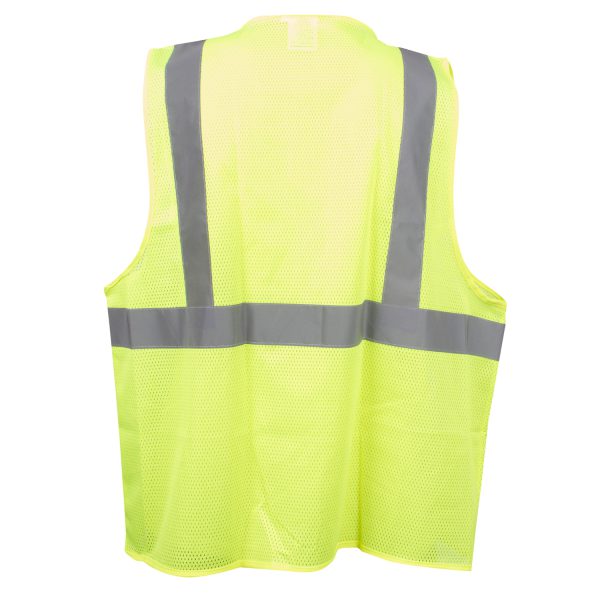 TYPE R, CLASS II, LIME MESH VEST, ZIPPER CLOSURE, 2-INCH SILVER REFLECTIVE TAPE, CHEST POCKET, LOWER INSIDE POCKET